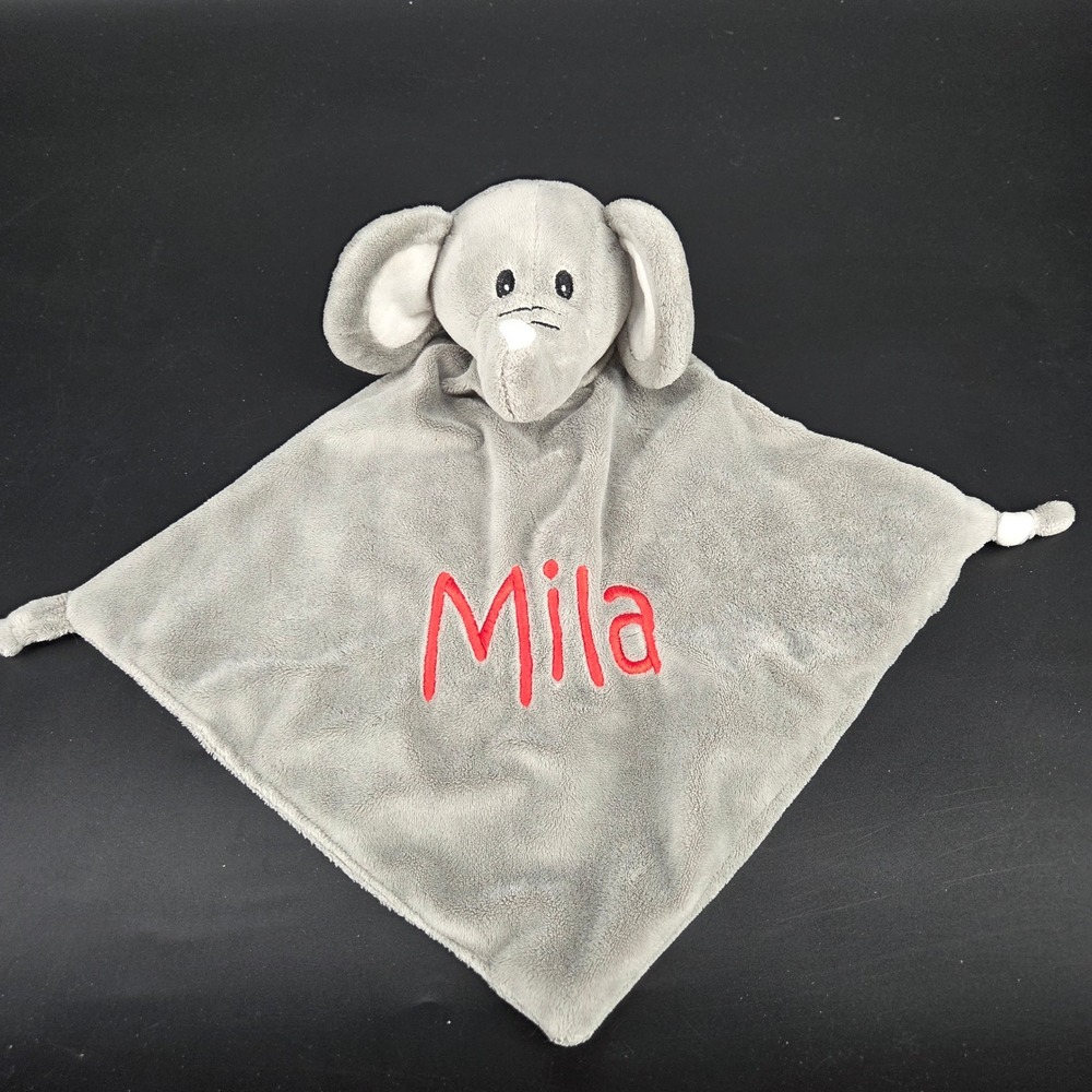 Grey Elephant Plush Security Blanket Lovey Personalized Mila Red Embroidery